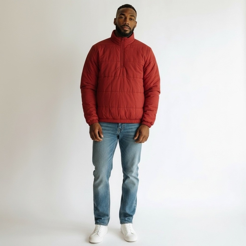 BP Mens Red Quilted Puffer convertible Vest Oversized Jacket  1/4 zip Up